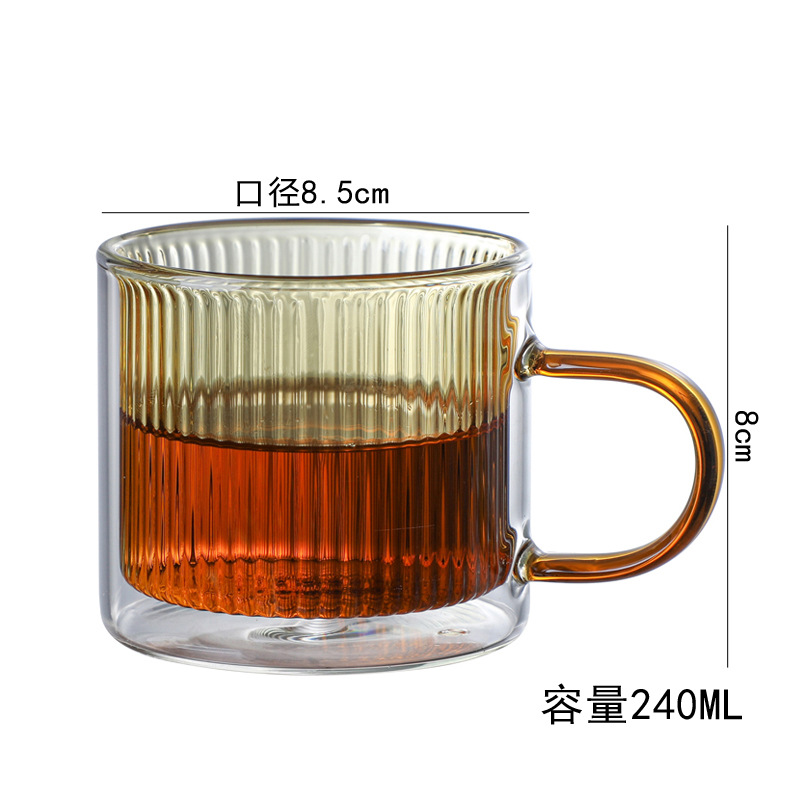 Taza de café de vidrio de doble capa resistente al calor, con asa, diseño vertical y elegante