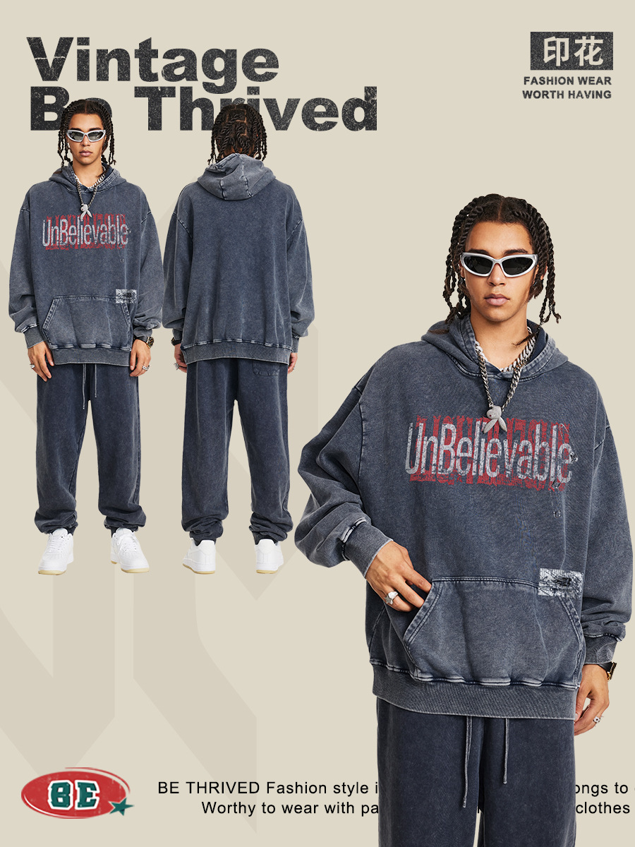 Be Hombres| Otoño y invierno de 2025 estilo americano pesado contraste de color relajado sentido de diseño retro hacer viejas camisetas con capuzas de moda masculina