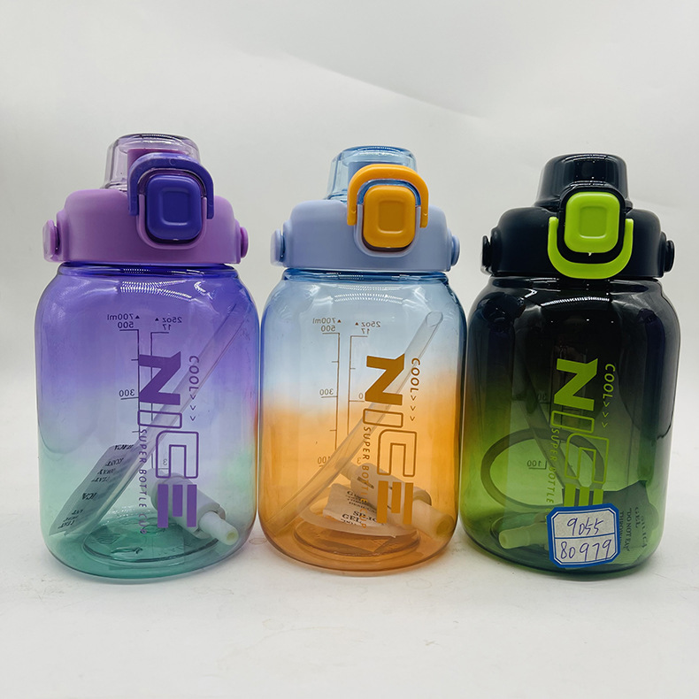 Veilon mano con paja taza de plástico 1000ml taza de plástico transparente gradiente calibración deportivo botella espacial