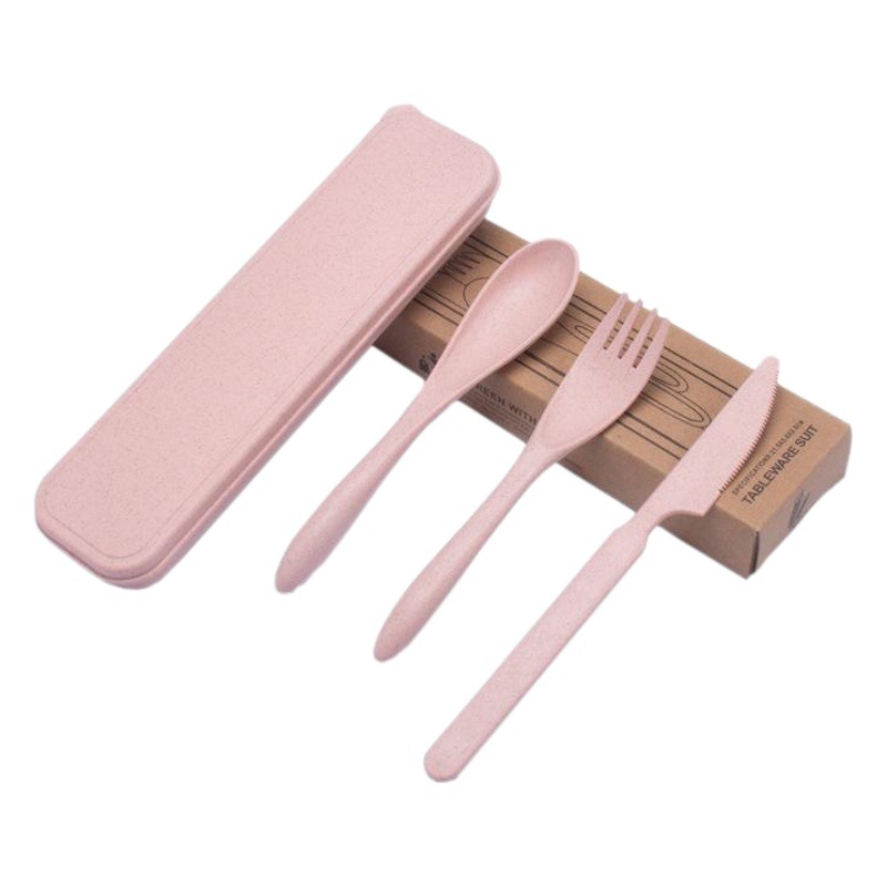 Cuchillo diario de trigo, tenedor y cuchara conjunto de tres piezas cuchillo de cena portátil de viaje para estudiantes, tenedor de fideos, cuchara de sopa 3 piezas logo