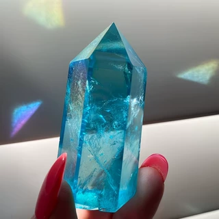 天然白水晶原石电镀工艺蓝色六棱单尖柱能量风水礼品摆件水晶定制