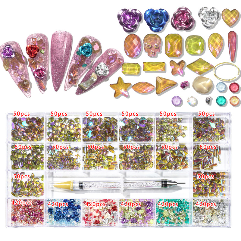 Transfronterizos 21 caja de diamante de agua de forma especial de fondo plano conjunto de joyería de uñas conjunto de pluma de puntuación de doble cabeza