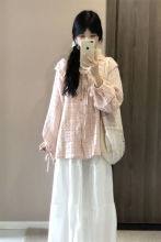 早秋穿搭一整套甜美可爱粉色娃娃领格纹衬衫松紧腰字半身长裙女