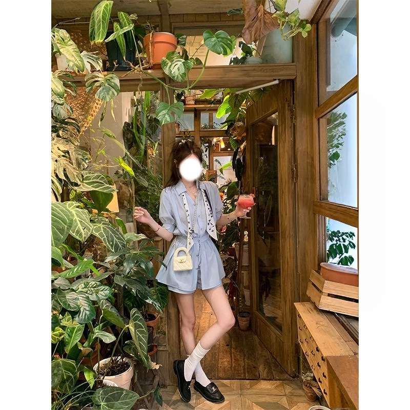 [Ready Stock] Eight-Cover Pinky Relax Oxygen Baby Blue Linen Waist Top Suit High Waist Hip-Covering Shorts