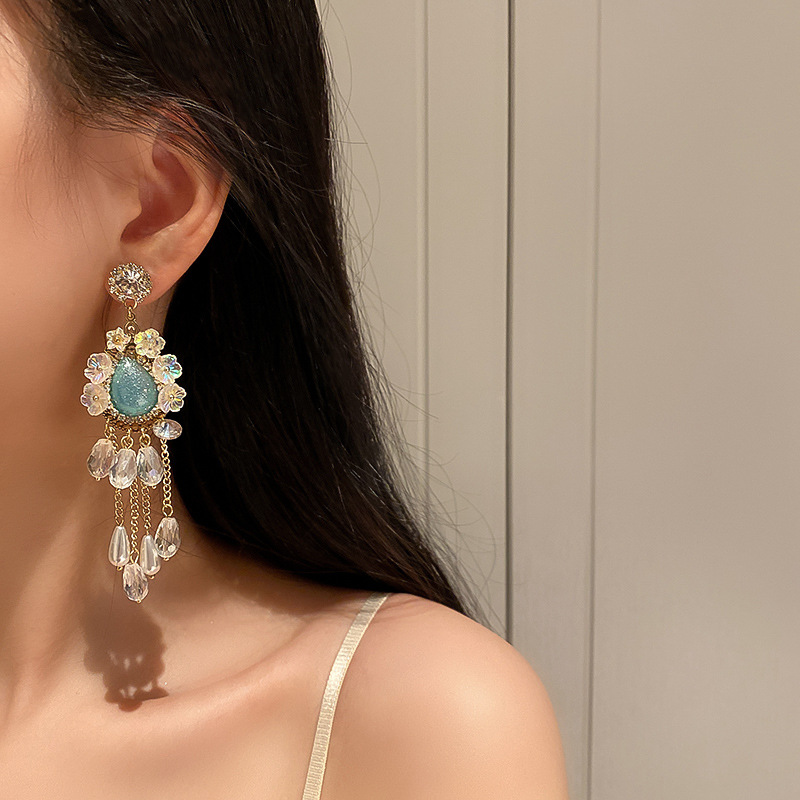 retro rhinestone flower crystal pearl tassel earrings wholesale Nihaojewelrypicture8
