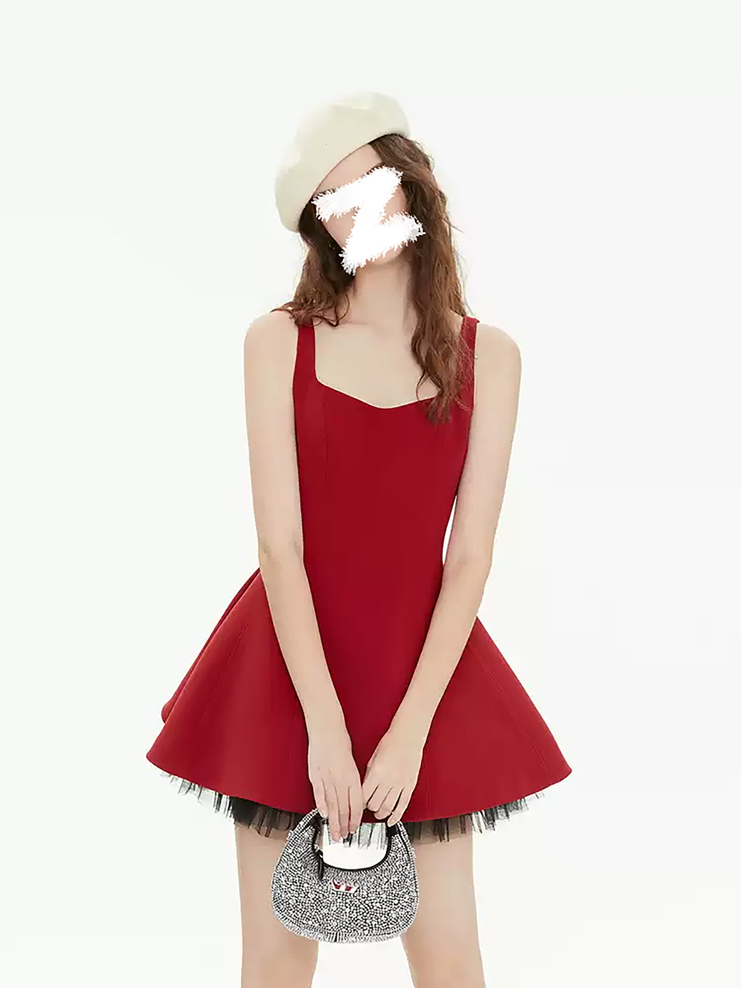 Đầm maxi nữ thắt eo X, tay dây, phối lưới voan Pháp, xòe nhẹ — màu đỏ chi tiết 2
