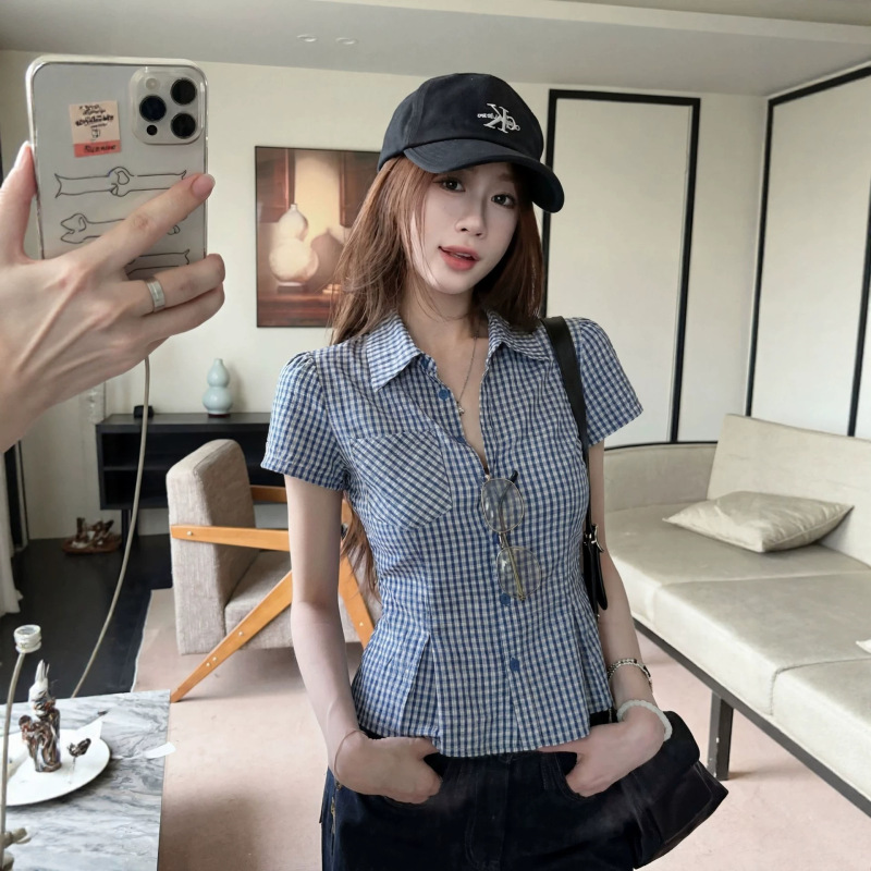 2026 Plus Size Korean Style Retro Patchwork Plaid Blue Button Short Sleeve Shirt Summer Slim Fit Casual Top 2026 Plus Size Korean Style Retro Patchwork Plaid Blue Button Short Sleeve Shirt Summer Slim Fit Casual Top