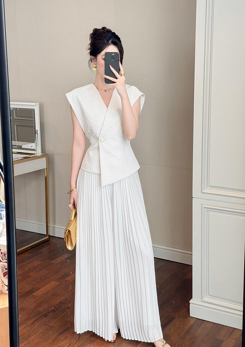 Quần ống rộng xếp ly cạp cao nữ phong cách mới — trắng chi tiết 6