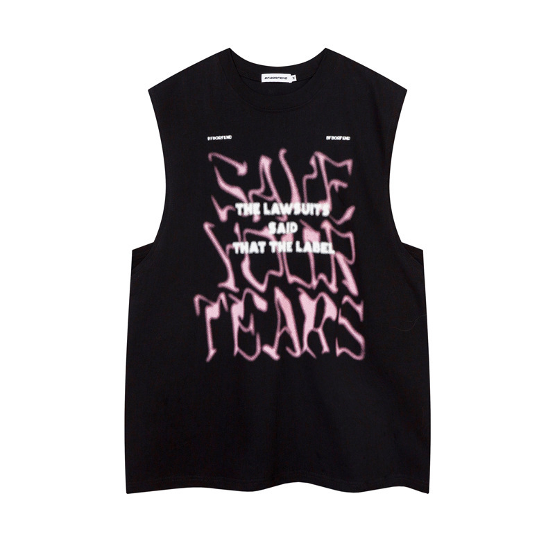 Trendy Brand Fuzzy Letter Summer Sleeveless Vest American Style Retro Neutral Couple Tee Shirt Internet Popular BF Style Loose T-shirt