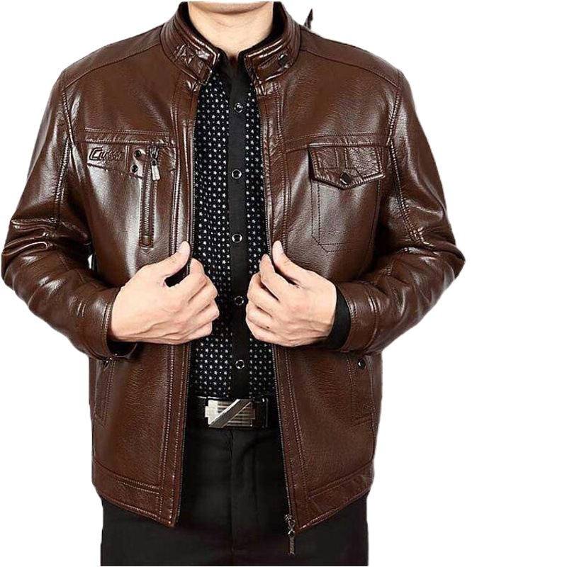 Chaqueta de cuero nueva con forro polar para hombre en invierno, cuello alto con cuello de piel, venta al por mayor del fabricante, estilo casual coreano.