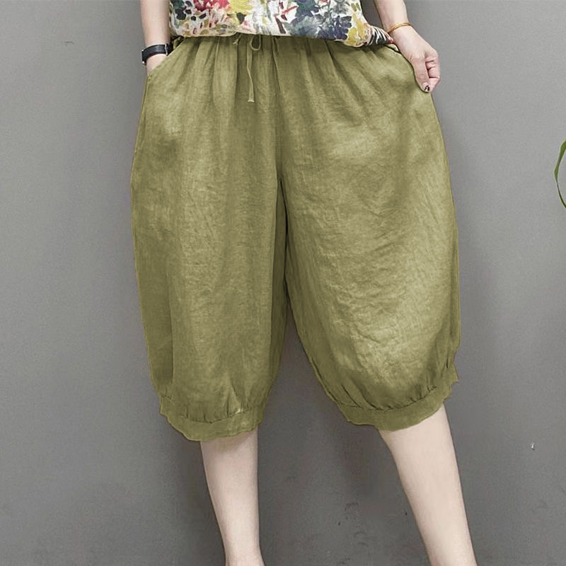 Ice Silk Cotton and Linen Casual Wide-Leg Lantern Pants for Women 2024 Summer New Loose Large Size Pure Color Fashion Five-Point Shorts