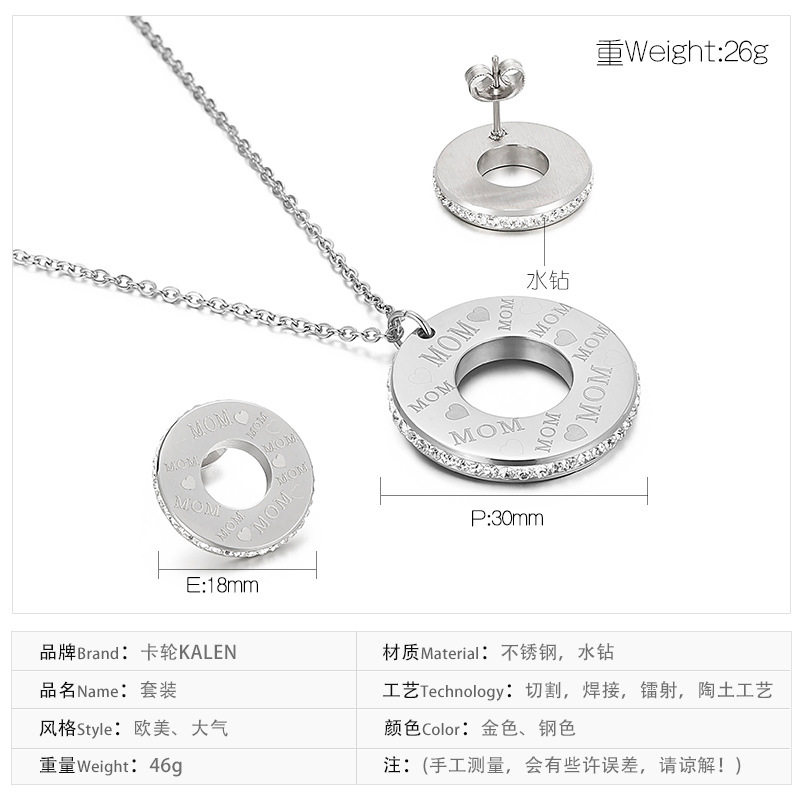 European and American Heart Necklace Semicircle Earrings Electroplating Rhinestone Stainless Steel J