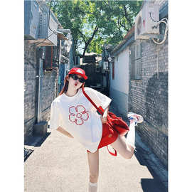 红色花朵短袖女白色纯棉t恤夏2026新款半袖重磅正肩宽松大码上衣