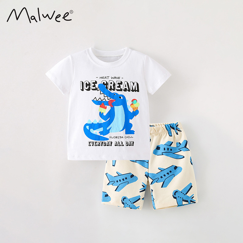 Malwee ropa para niños de verano nuevo estilo europeo y americano para niños pequeños y medianos cuello redondo casual pantalones de manga corta guapo conjunto de dos piezas para niños