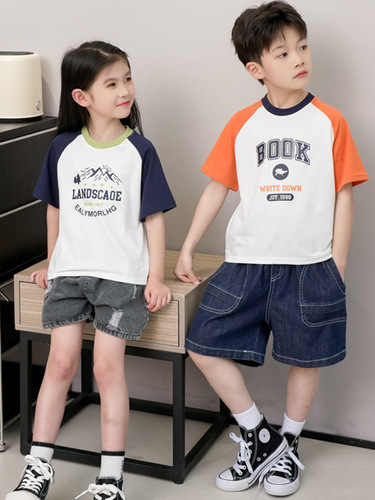 Summer children's short-sleeve T-shirts for boys and girls, summer clothing for middle and small children, splicing half-sleeve base top for children