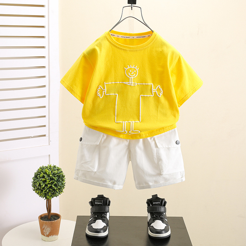 7417 Pantalones cortos de herramientas de verano para niños Traje de manga corta de estilo occidental para niños 2025 Nuevo traje de dos piezas guapo para bebés para hombres