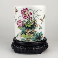 景德镇瓷器粉彩荷塘情趣笔筒古玩瓷器仿古古董摆件收藏做旧可制定