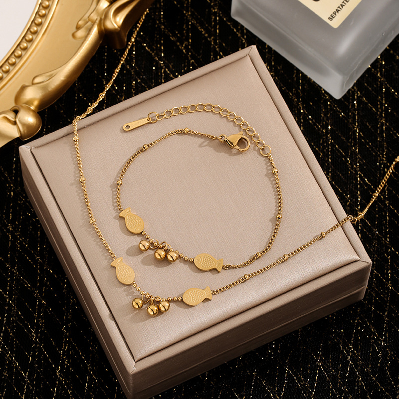 Cross-border Hot Selling Like a Fish in Water Sansheng III Titanium Steel Necklace Bracelet Set Female Doudou Double Little Fish Trendy Jewelry