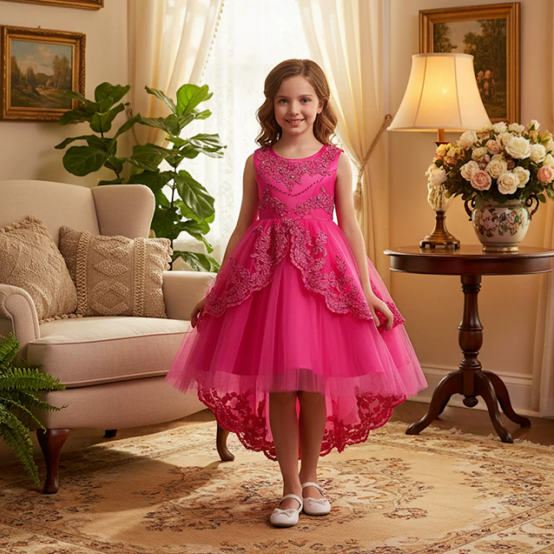 速卖通新款女童钩花花童裙拖尾公主裙儿童连衣裙元旦晚会主持礼服