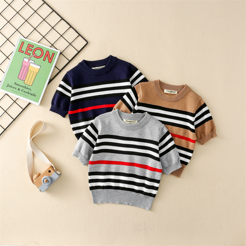 In-laws New Summer Short-sleeved Knitwear Children's Crewneck Striped Pullover Fashionable All-match Base Shirt