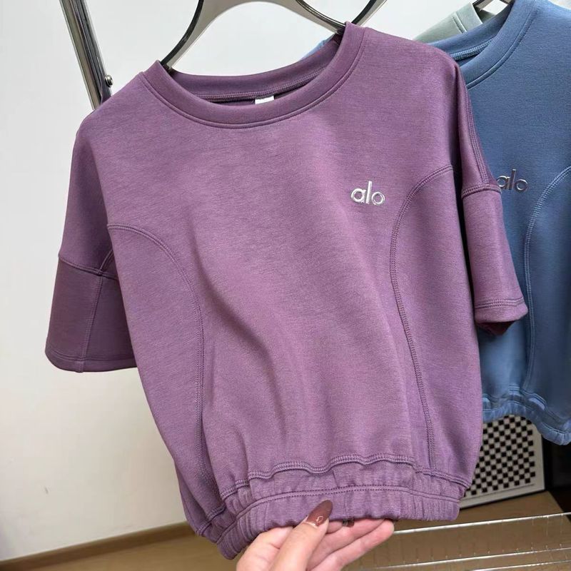 aloクラス 春夏 エアレイヤー ヨガ ショートTシャツ 伸縮性裾 おへそ出し ウエスト半袖トップス|undefined