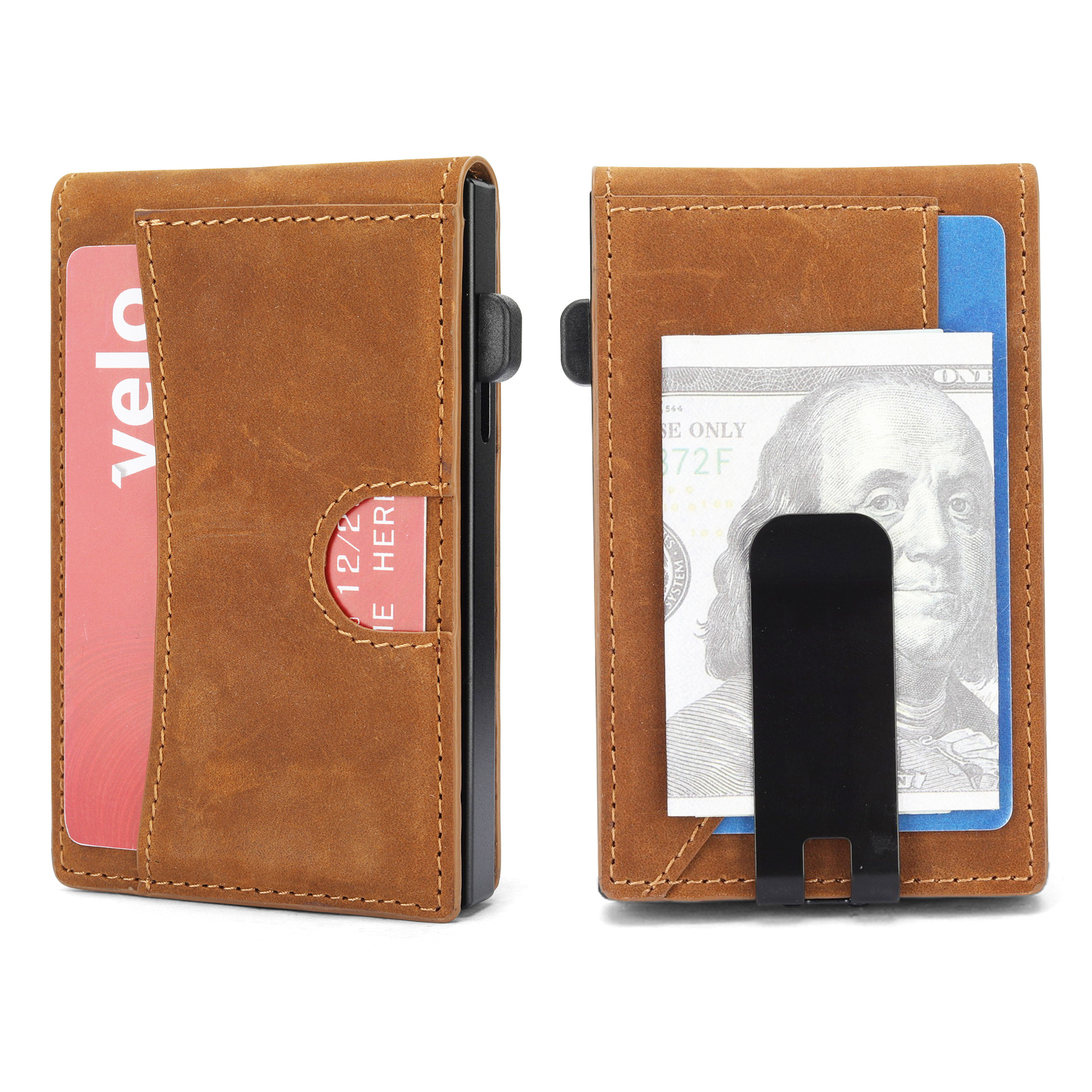 El titular de la tarjeta de Europa y los Estados Unidos, la primera capa de la cartera de cuero de vaca, aleación de aluminio y aluminio, nuevo diseño de cartera de metal, cartera de cuero para hombres, sensación de alto nivel.