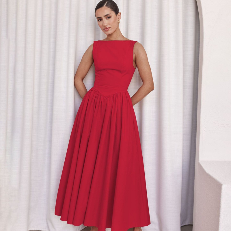 Amazon Europe and the United States cross-border 2025 summer new women's solid color sleeveless temperament pleated long dress