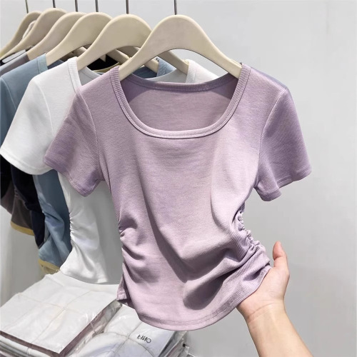 Women's Summer 2025 Purple Short Sleeve T-shirt Square Collar Fitted Pure Color Waist-baring Short Top Bodysuit