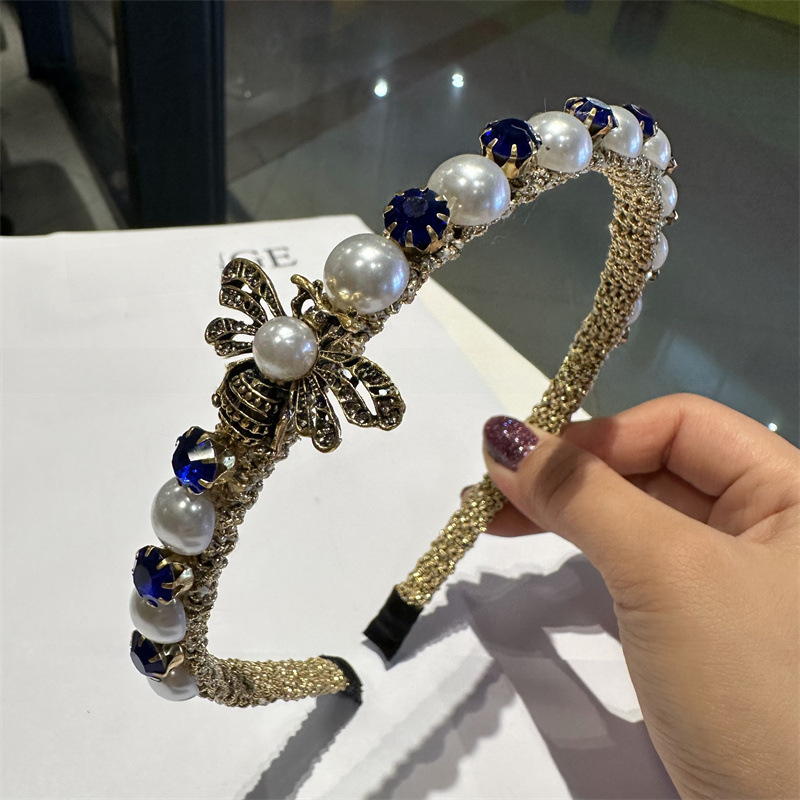 古銅質感發箍女復古重工奢華頭箍百搭洋氣發卡跨境亞馬遜珍珠髮飾