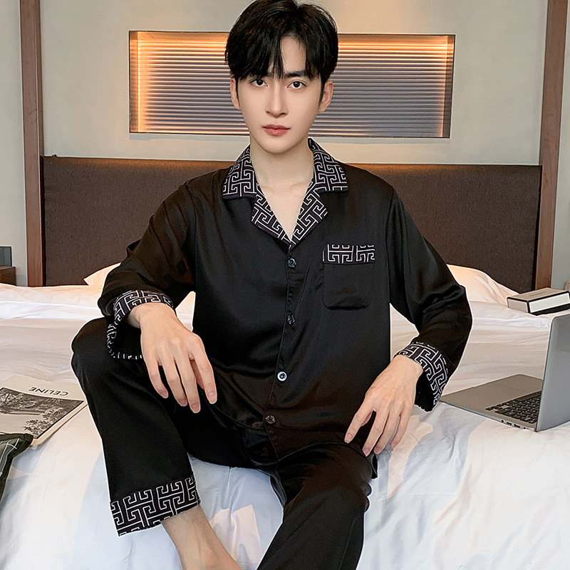 남성용 고급 얼음 실크 잠옷, 봄, 가을, 긴팔, 얇고 우아한 모조 실크 가정복, 고급 가디건 세트