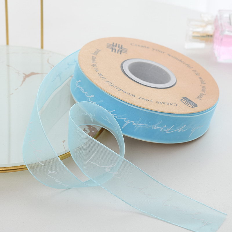 Venta al por mayor cinta de impresión de hilo de nieve letras inglesas Flor de organza pastel de embalaje cinta de ramo de vendaje transparente