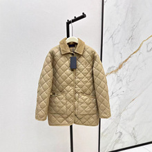 深圳南油25秋冬款复古时髦灯芯绒镶边翻领双口袋菱形格纹棉服外套