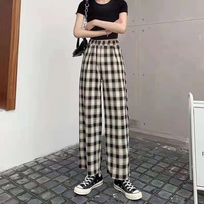 2022春夏新作チェック柄ワイドパンツ レディース 大きめサイズ 着痩せ効果のあるドレープ感のあるストレートレッグ ゆったりカジュアル ロング丈パンツ 快適|undefined