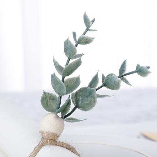 Creative simulated eucalyptus leaf branches napkin buckle ecological hotel napkin ring red wine hemp rope cloth ring manufacturer wholesale