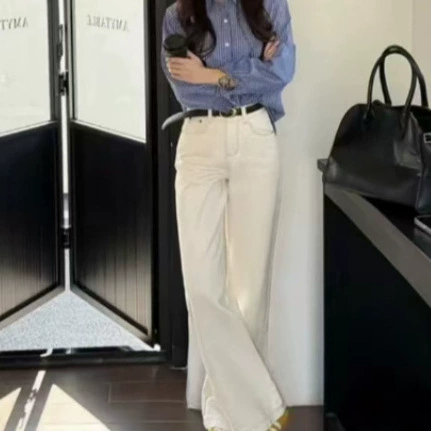 [Бесплатный ремень] Бежевые узкие прямые джинсы с высокой талией, универсальные и стильные, другие брюки, стиль королевской сестры.