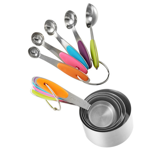 Set of 10 stainless steel measuring spoons, cups, and scoops with dual markings, Set of 5 colorful measuring spoons, Baking tools