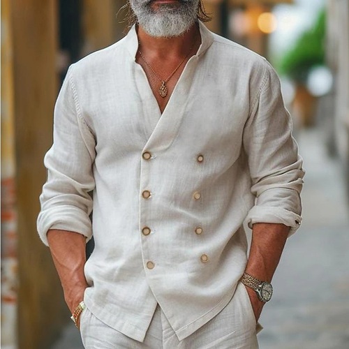 European and American men's oversized double-breasted home casual fashion stand-up collar cotton linen long-sleeved open jacket