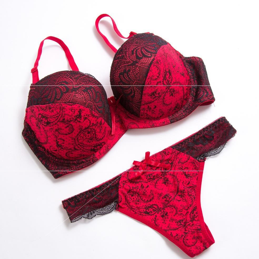 Sexy Bra Thong Set Lace Colorblock Under...