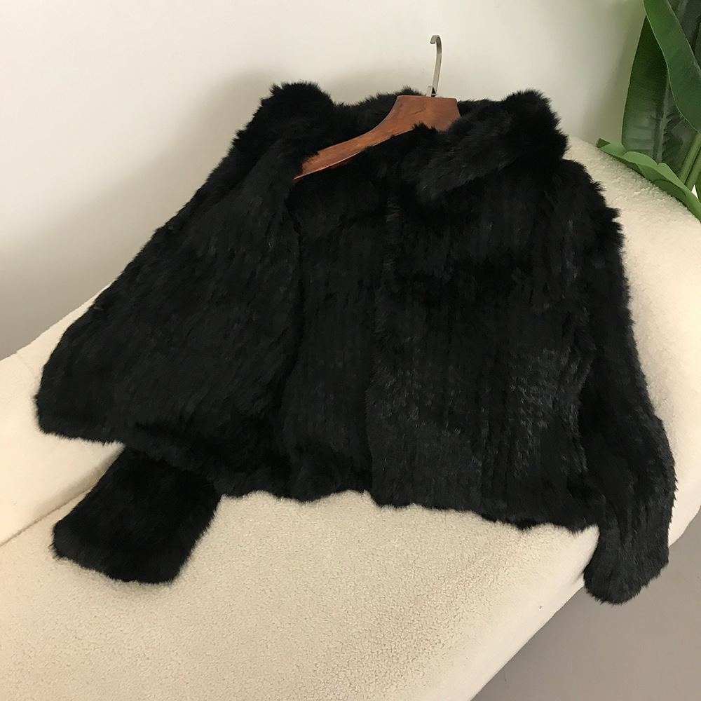 Abbigliamento da donna Nuovo autunno e inverno Criptato ispessito fatto a mano a doppia faccia tessuto con cappuccio corto in pelliccia di coniglio per le donne stile giovane_voghion.com