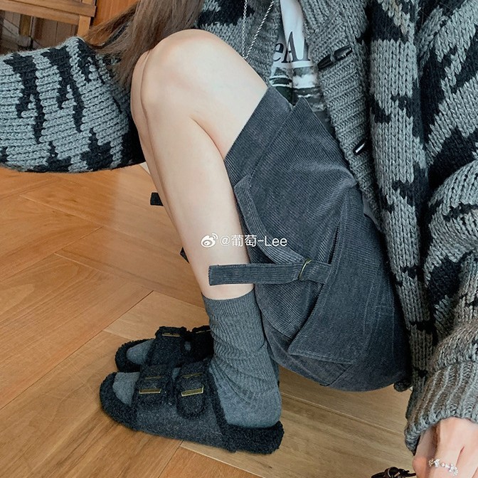 葡萄妈同款现货~ 懒人双扣带外穿百搭厚底毛毛勃肯拖鞋女秋冬外穿|undefined