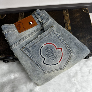 Cute Monkey High-end European Men's Jeans Spring and Summer Three-dimensional Embossed Slim-fit Stretch Washable Small Straight Pants Cotton