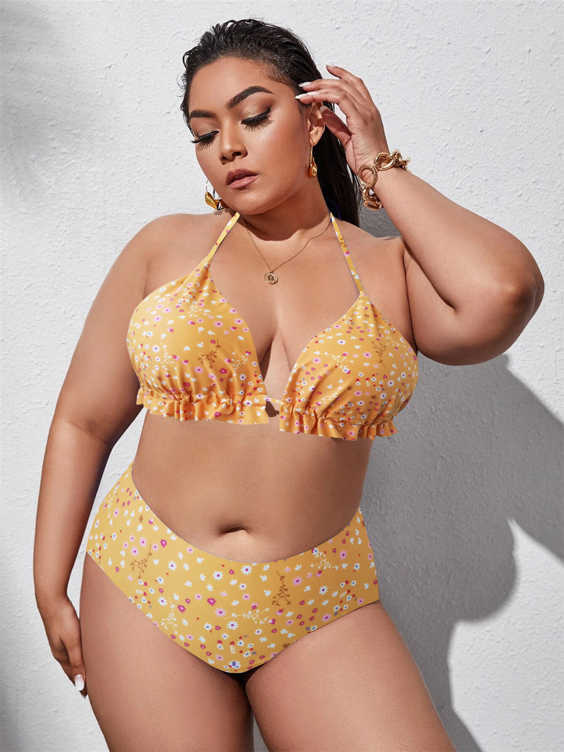 plus size hanging neck backless lace-up high waist floral bikini two-piece set NSJHD125554