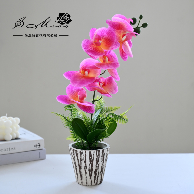 8 flores 3 hojas se sienten Phalaenopsis bonsai flor artificial de gama alta sala de estar decoración floral artificial en maceta flor artificial image 3