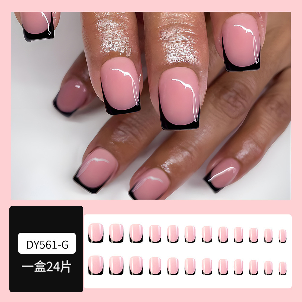 Uñas postizas cortas de punta plana, set de 24 piezas, serie rosa con bordes negros, pegatinas de uñas estilo francés de gran venta para ventas transfronterizas. image 3