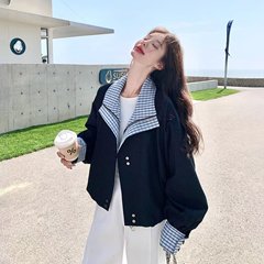美式复古格纹拼接假两件棒球服外套女学生春季高级感宽松工装夹克
