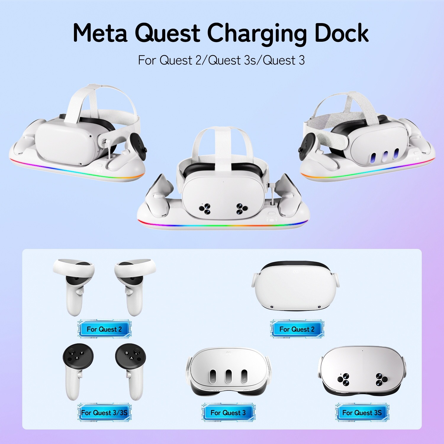 MetaQuest 3/2VR Charging Dock with 3s Controller Contact Type and Colorful LED VR Accessories