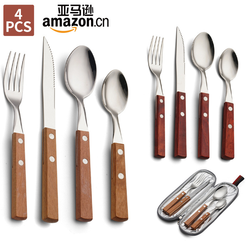 Amazon Stainless Steel Knife, Fork and Spoon Set Portable Outdoor Steak Wooden Handle Western Tableware Complete Set Wholesale Dropshipping