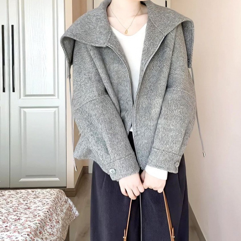 法式灰色拉链大翻领外套女秋冬季新款小个子宽松休闲减龄夹克|undefined