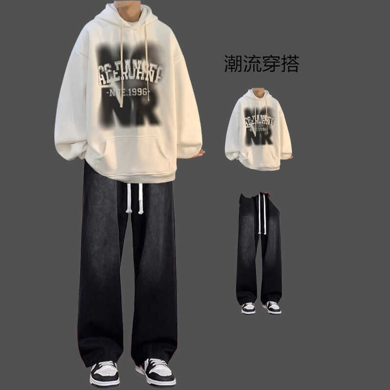 秋冬季套装男美式连帽卫衣潮牌一套搭配牛仔裤学生潮流帅气两件套|undefined