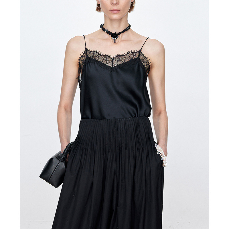 [CJ Order] Joker Explosions Heavy Silk Crepe Satin French High-end Lace Collar Side Sling Women's Base